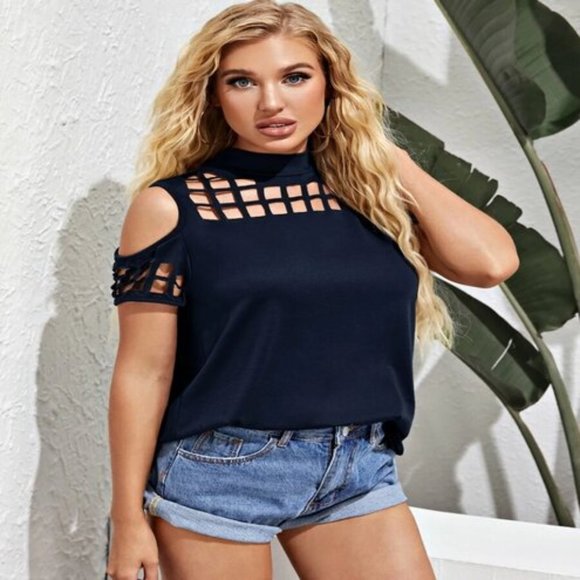 New Knit Top Split Back Opens Crosses Over Cutout Top Cold Shoulder Top Navy - Picture 3 of 5